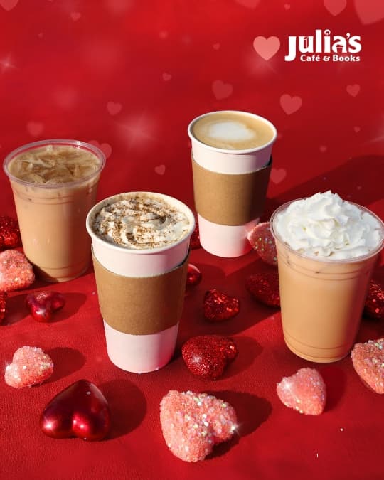 four drinks on a red background with hearts around it