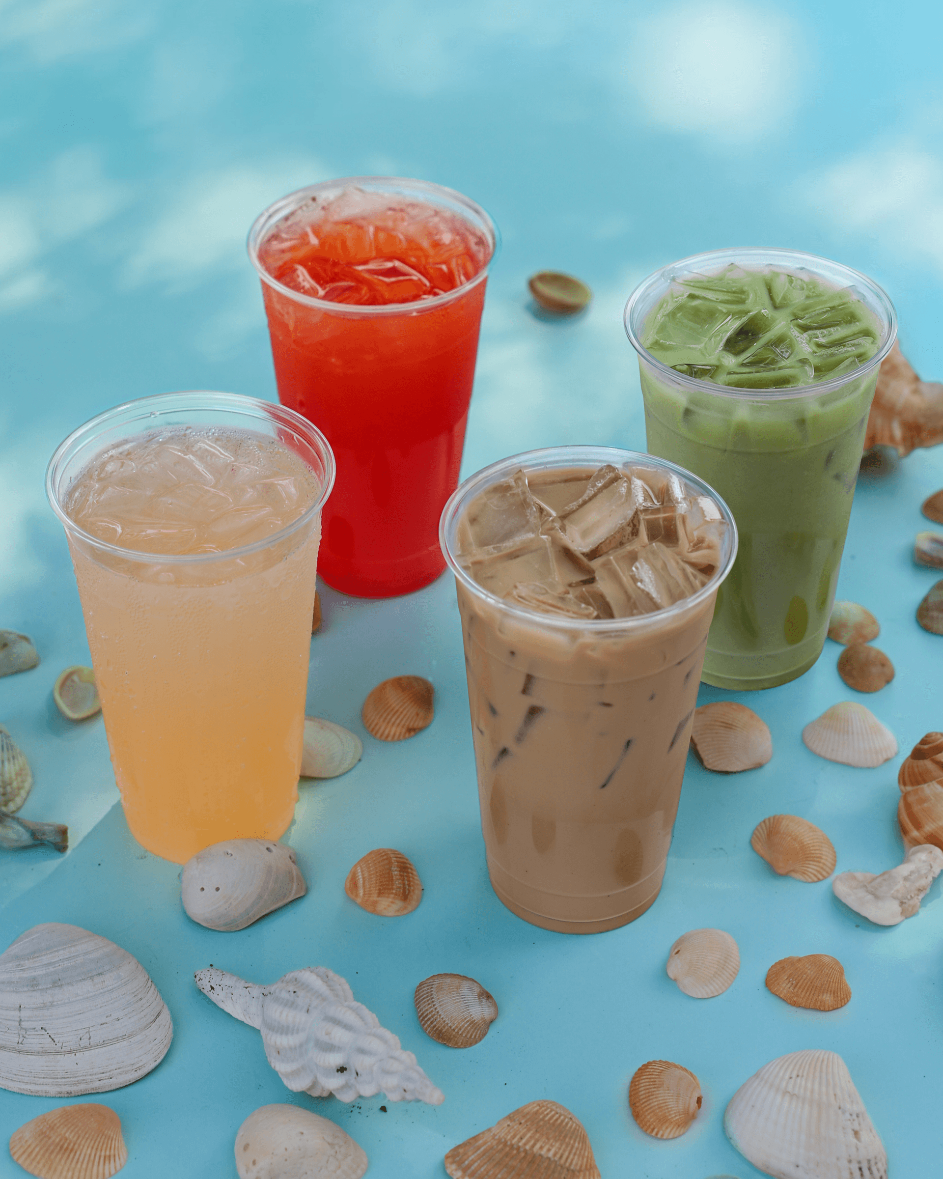 Four iced drinks surrounded by seashells with a sea green background.